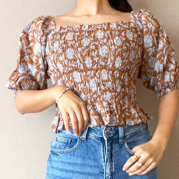 Daughters of India Tops - Daughters of India Tan Floral Smocked Puff-Sleeve Top